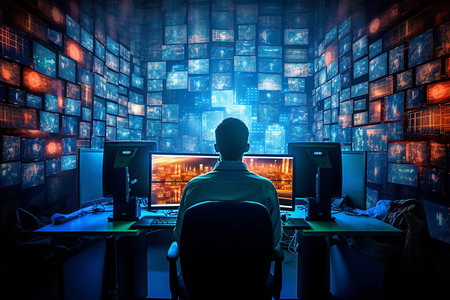 Back view of a hacker sitting in front of a computer screen with binary code.の素材