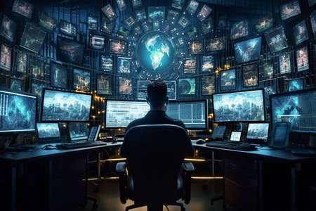 Rear view of businessman in office looking at monitors with screens. mixed mediaの素材