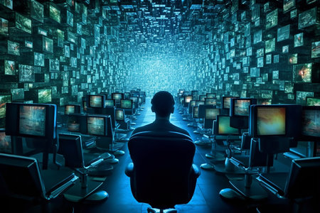 Businessman sitting in front of a wall of computer screens with binary codeの素材