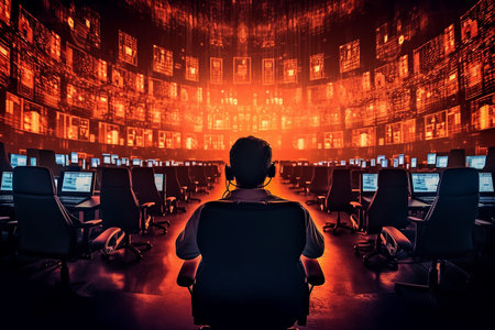 Cyber security and data protection concept. Rear view of businessman sitting in front of computer monitors with binary code.の素材