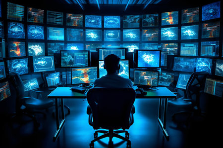 Rear view of hacker in front of computer screens with binary codeの素材