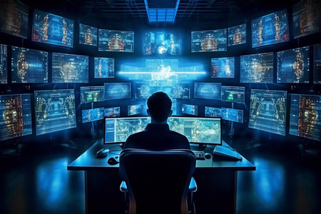 Man sitting at desk in front of computer screens. mixed media.の素材