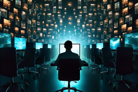 Silhouette of a man sitting in an office chair and looking at the screen of his computer.の素材