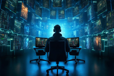 Back view of hacker sitting in front of computer screens with binary codeの素材