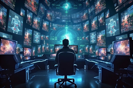 Back view of businessman sitting on chair in front of computer screens. mixed mediaの素材