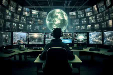 A man in a helmet and headphones sits in front of monitors and looks at the planet Earth in the background.の素材