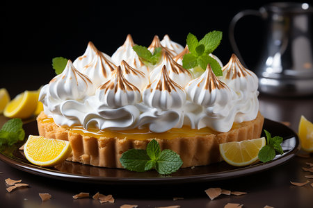 Lemon tart with whipped cream and mint on a dark background.の素材