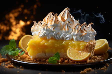 Lemon meringue cake with whipped cream and lemon slices on black backgroundの素材