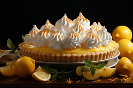 Lemon tart with whipped cream and fresh lemons on black backgroundの素材