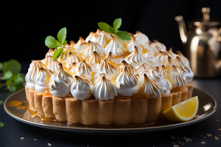 Lemon tart with meringue and mint on a black backgroundの素材