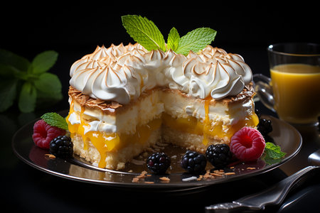 Piece of cake with whipped cream and fresh berries on black backgroundの素材
