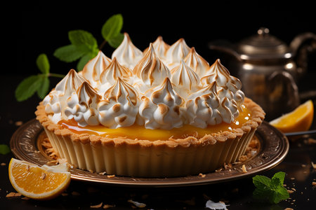 Lemon tart with whipped cream and meringue on a dark backgroundの素材