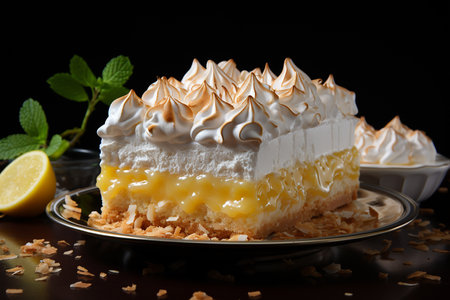 Lemon meringue cake on a dark background. selective focus.の素材