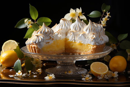 Lemon meringue cake with fresh lemons on black backgroundの素材