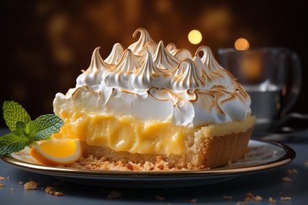 Lemon cake with whipped cream on a dark background, selective focus.の素材