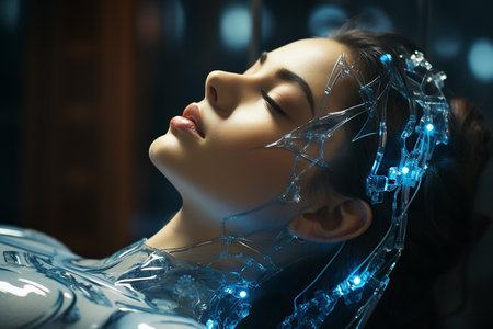 Skin care in the future. Portrait of a beautiful girl in a modern interior. Sci-fi styles.の素材