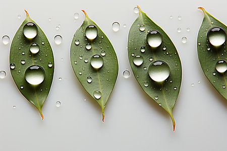 Green leaves with water drops on white background. 3D illustration.の素材