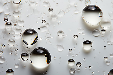 Water drops on a white background. Water drops on a glass surface.の素材