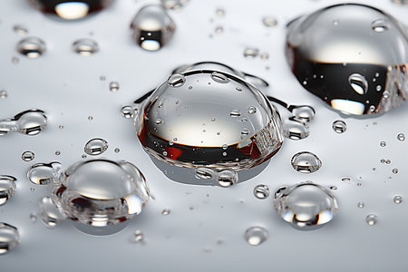 Water drops on glass sphere with reflection. 3d render illustration.の素材
