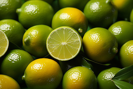 Lime and lime slices on green background. Close-up.の素材
