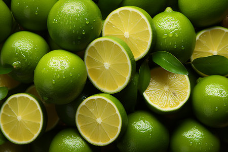 Fresh limes with green leaves as background, top view. flat layの素材