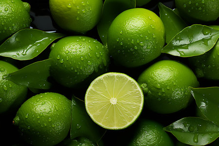 Fresh limes with green leaves and water drops on black background.の素材