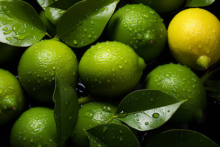 Lime fruit with green leaves and water drops on black background.の素材