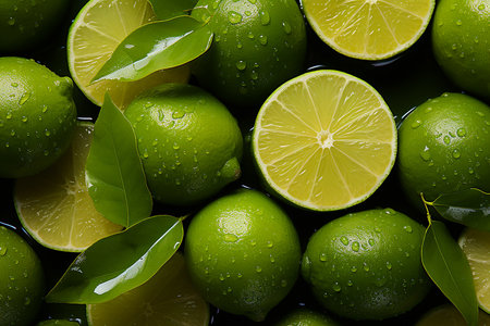 Fresh limes with leaves and water drops on a black background.の素材
