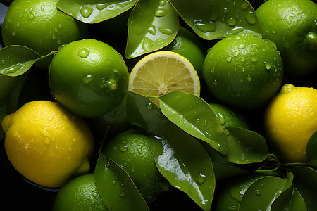 Limes and lemons on a black background with water drops.の素材