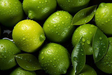 Fresh green limes with water drops on black background. Close-up.の素材