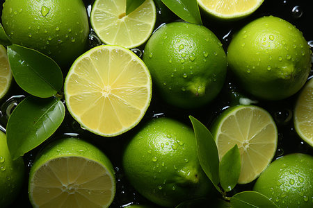 Fresh limes with leaves in water, closeup. food backgroundの素材