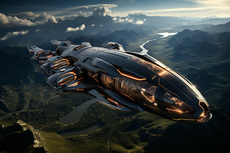 Commercial Walk Tourism in the near future. Futuristic spaceship flying in the sky. 3D rendering.の素材