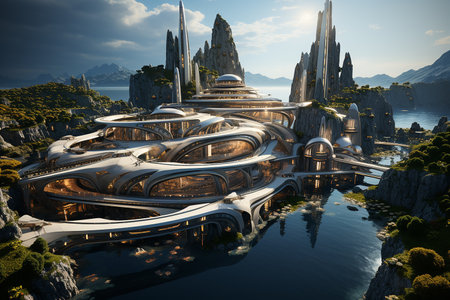 Commercial Walk Tourism in the near future. Fantasy alien planets. Mountain and lake. 3d render illustrationの素材