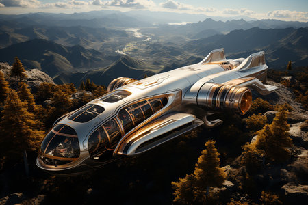 Commercial Walk Tourism in the near future. Futuristic spaceship flying over the mountains. 3D rendering.の素材