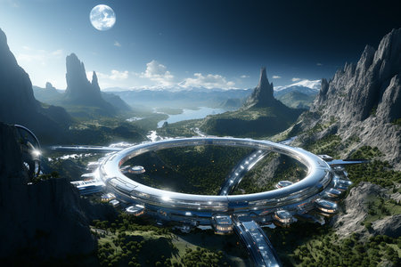 Commercial Walk Tourism in the near future. Fantasy alien planets. Mountain and road. 3d rendering.の素材
