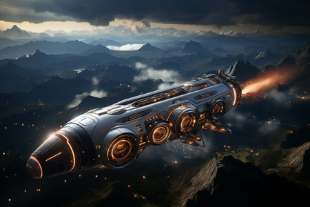 Commercial Walk Tourism in the near future. Futuristic spaceship flying in the sky. 3D rendering.の素材