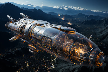 Commercial Walk Tourism in the near future. Space station in the mountains. 3d rendering. Computer digital drawing.の素材