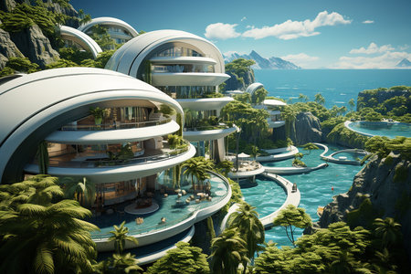 Commercial Walk Tourism in the near future. 3D rendering of a luxury villa in the middle of the seaの素材