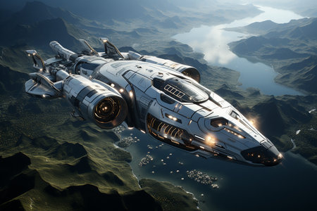 Commercial Walk Tourism in the near future. Futuristic spaceship flying in the space. 3D rendering.の素材