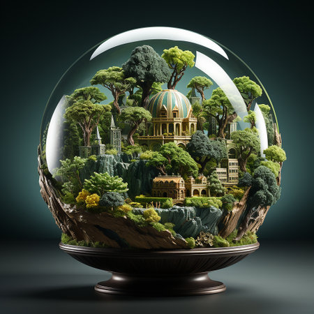 Sci-fi glass globe with city and trees. 3D renderingの素材