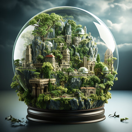 3d illustration of a glass globe with a fantasy city in itの素材