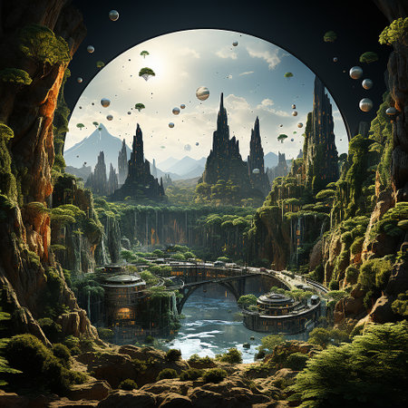 Fantasy alien planets. mountain and river. 3d illustration.の素材