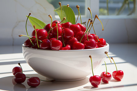 Cherries in a white bowl on a white table in sunlightの素材