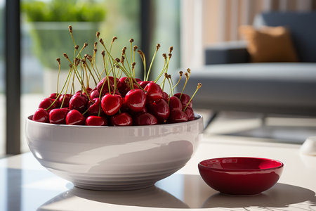 Cherries in a bowl on a table in the living roomの素材