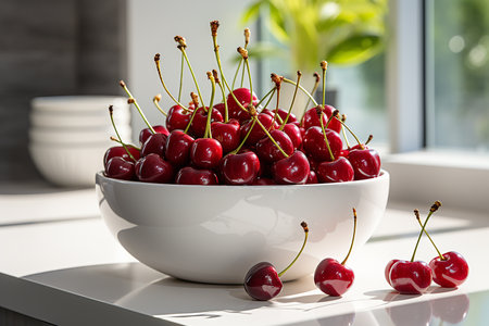 Bowl with ripe cherries on table in kitchen, closeupの素材