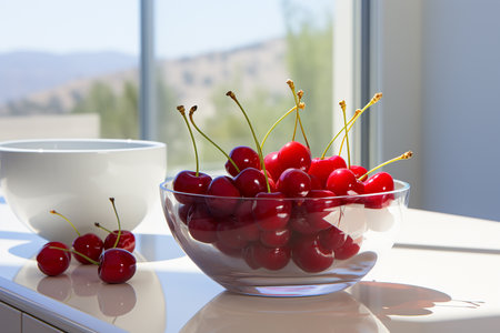 Ripe cherries in a glass bowl on a white table.の素材