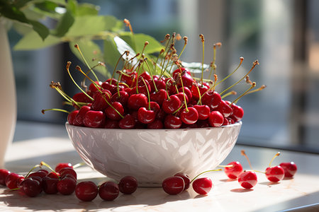 Ripe red cherries in a white bowl on the windowsillの素材