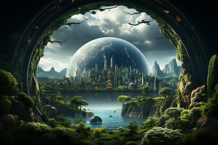 Fantasy landscape with fantasy city and lake. 3D rendering.の素材