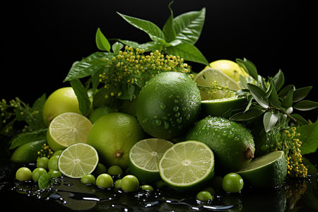 Fresh limes with green leaves and flowers on a black background.の素材