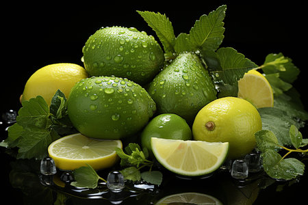 Limes, lemons and mint on a black background with water dropsの素材
